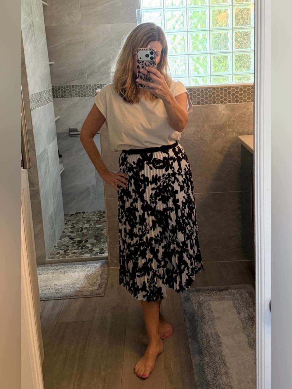 Karl Lagerfeld Black and White Pleated Floral Midi Skirt